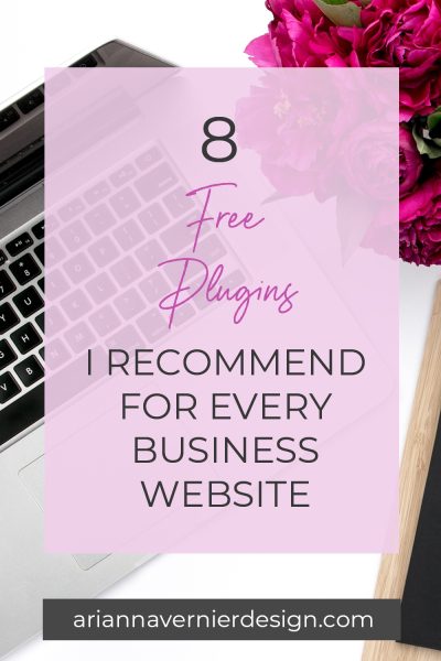 Pinterest pin with a laptop in the background, with a light purple rectangle over top, and the title "8 Free Plugins I Recommend for Every Business Website"
