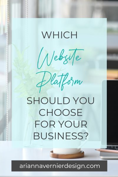Pinterest pin with a coffee mug on a computer in the background, with a light blue rectangle over top, and the title "Which website platform should you choose for your business?"